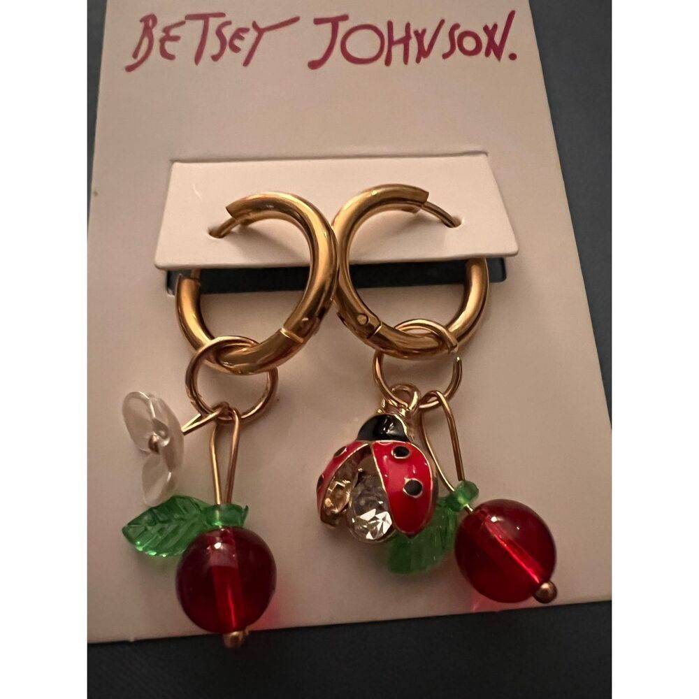 🍒 NEW Betsey Johnson Gold Hoop Earrings with Red Cherry & Ladybug Charms 🍒